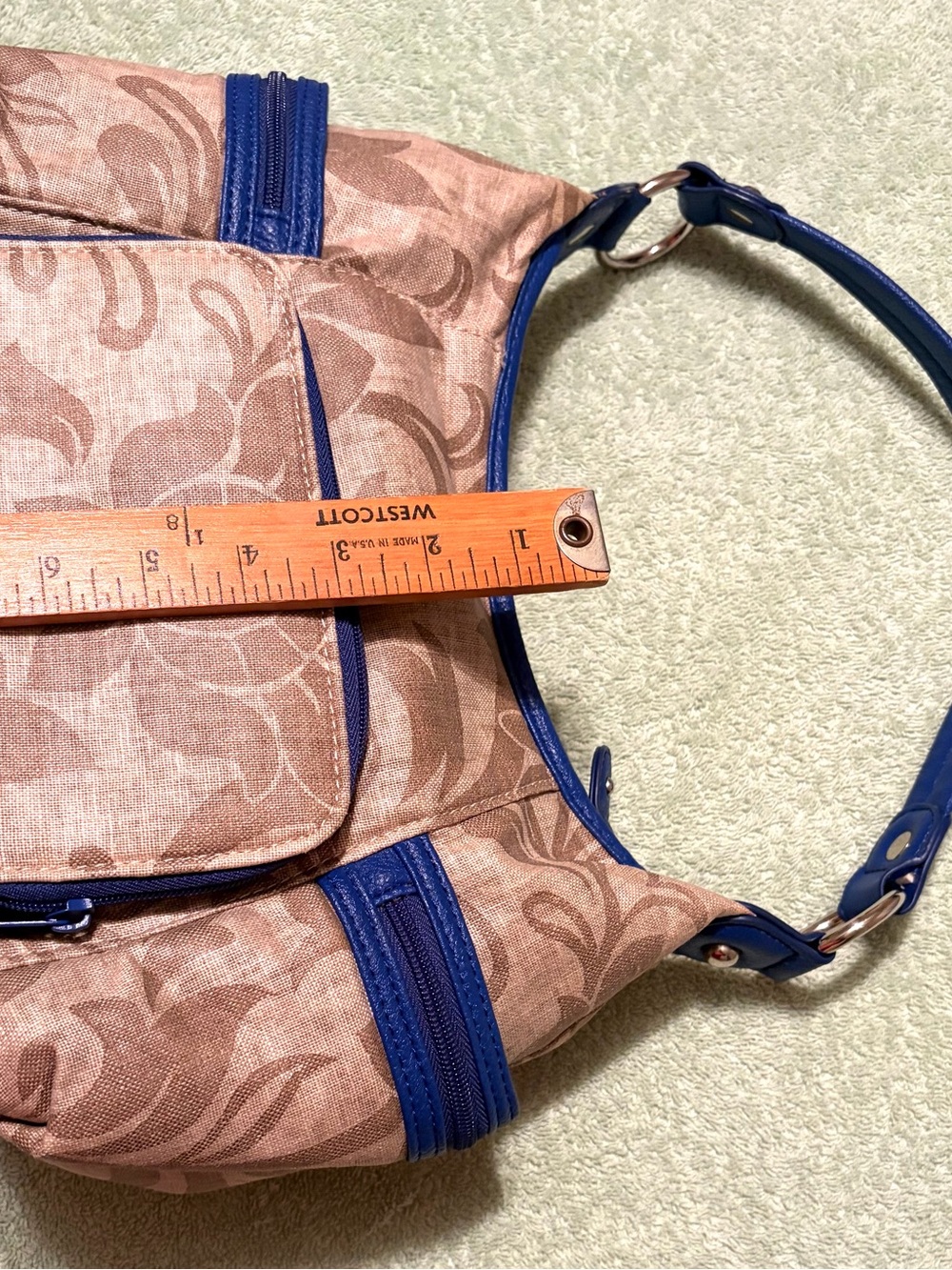 Koltov Beige Floral Shoulder Bag Blue Trim Multi Pocket Hobo - Picture 9 of 10